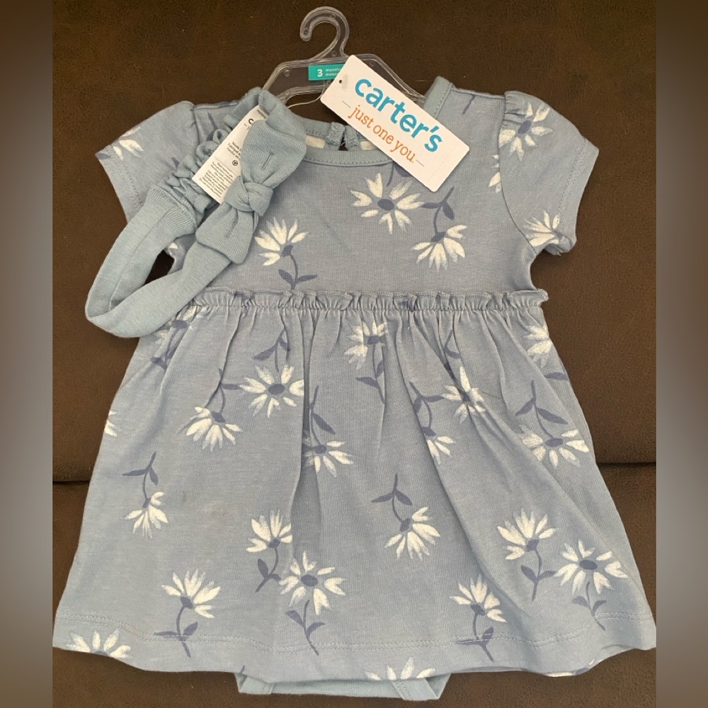 NWT Carter's Light Blue Floral Casual Dress with Headband| 3mos.